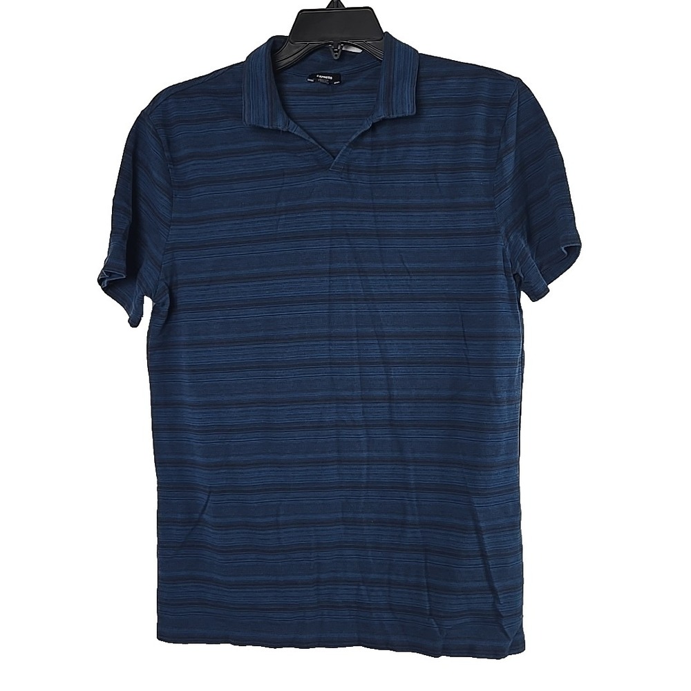 Express Men's Polo Blue Black Stripe Cotton Modal Short Sleeve Size Medium